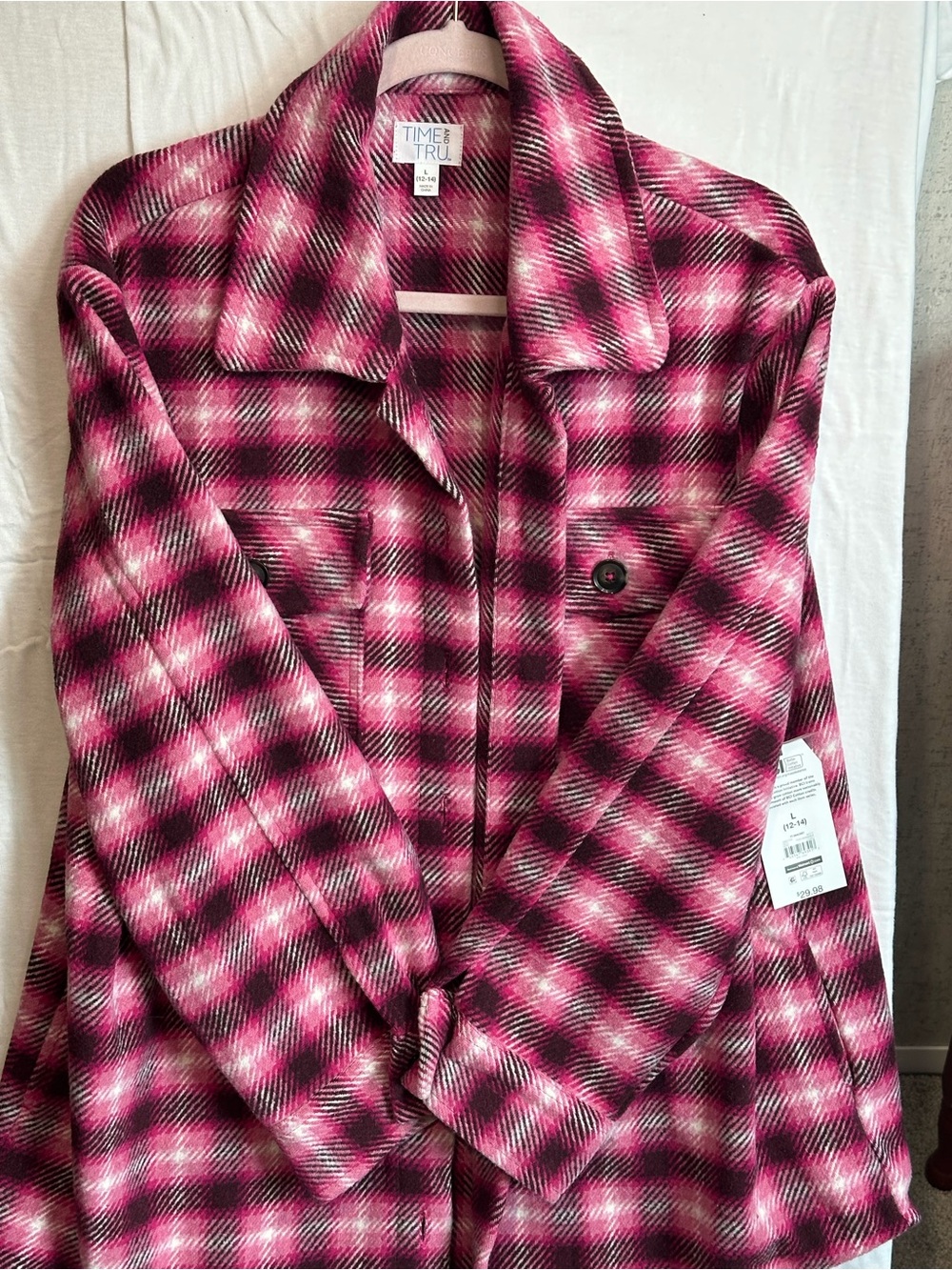 NWT Time and Tru Pink Plaid  Shacket Shirt Jacket Size Large 12-14 Grandpacore